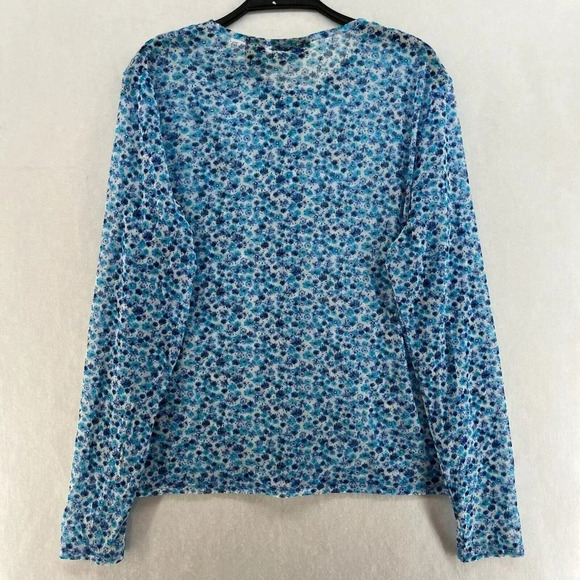 New York & Company Blouse Womens XL Blue Floral Button-Up Round Neck Long Sleeve - Picture 2 of 11